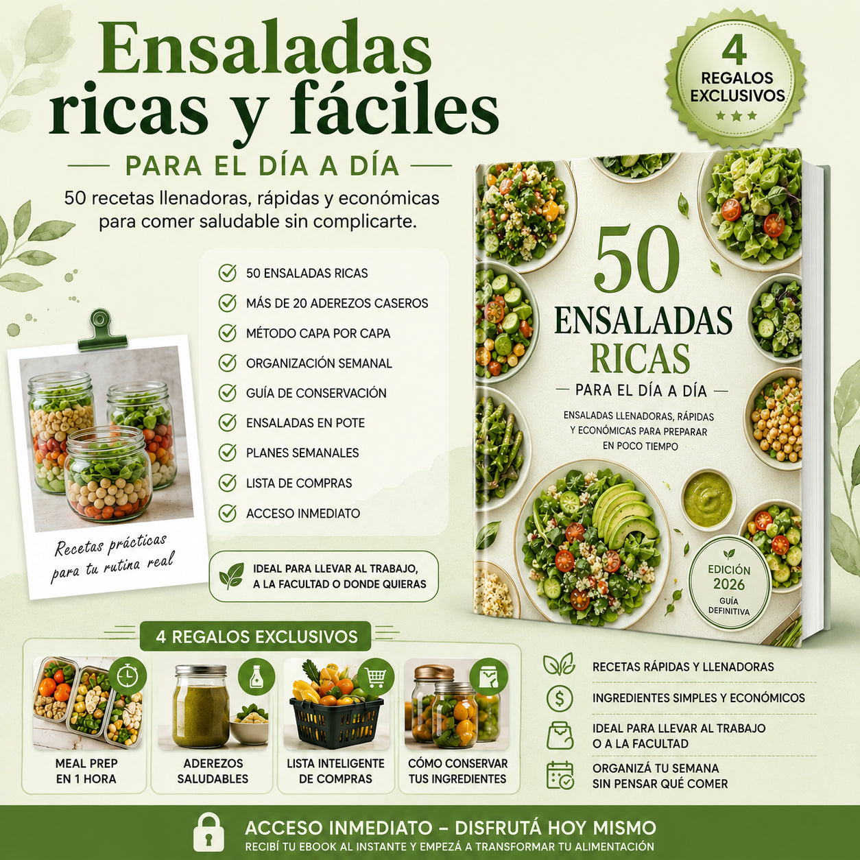 Comé saludable sin aburrirte ni pasar horas cocinando con recetas de ensaladas + 4 bonus de regalo